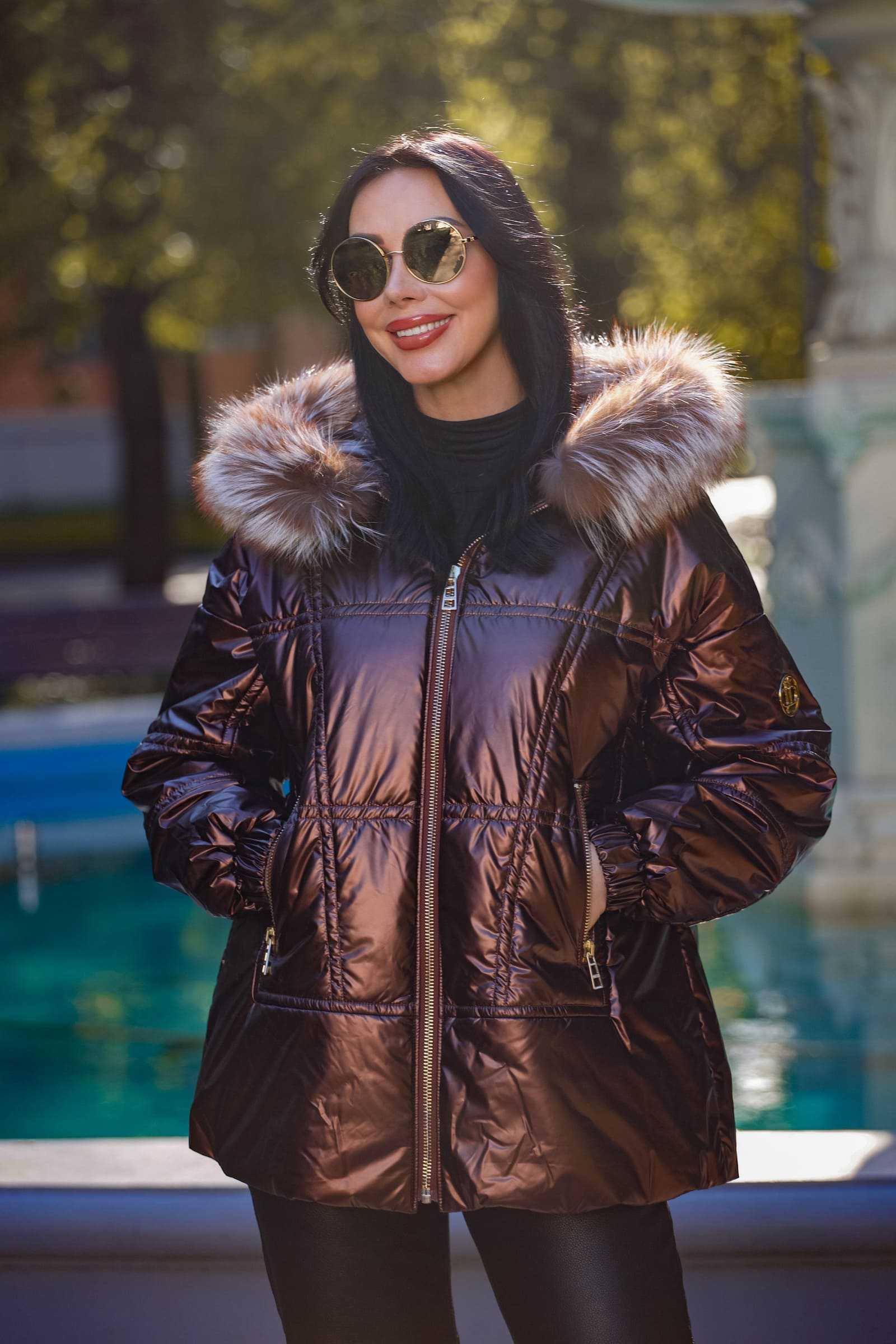 Куртка зимняя c мехом чернобурой лисы PERLA цвет бронза