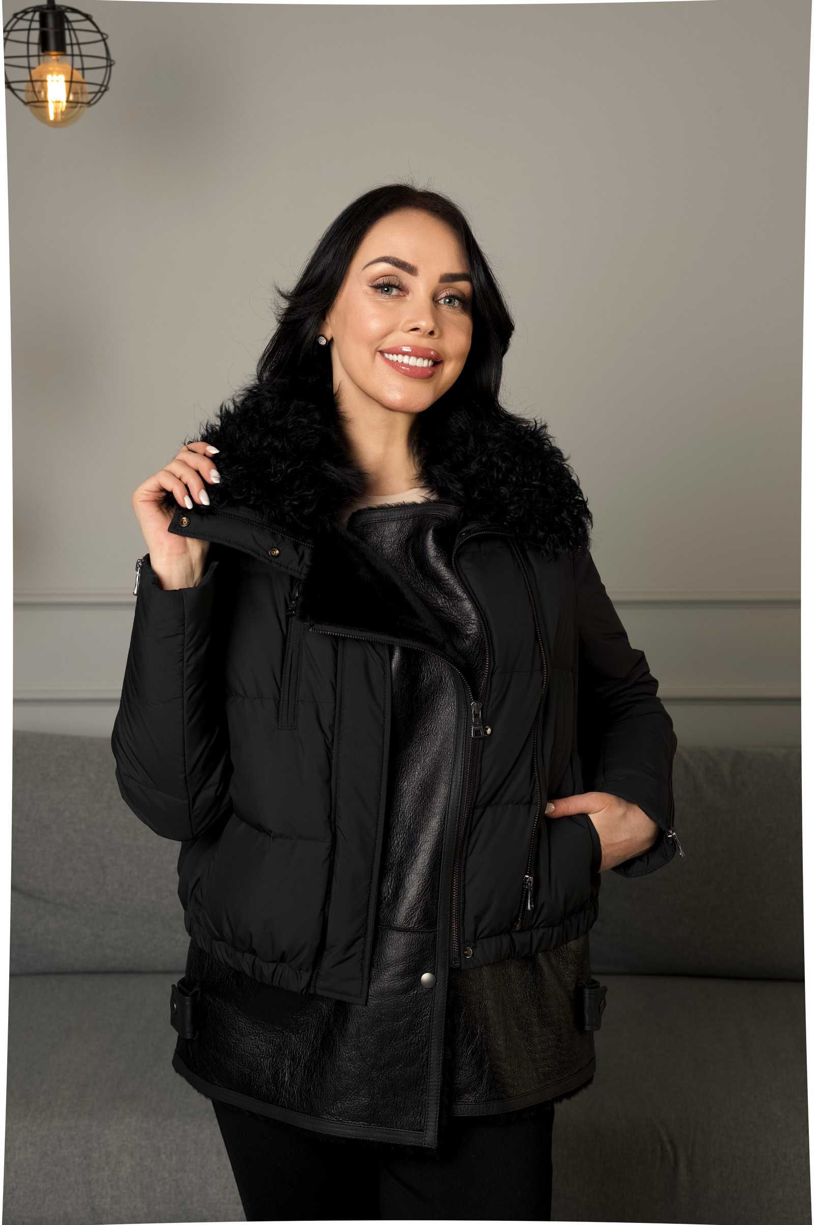 Купить женский комбинированный пуховик, пуховик с натуральным мехом овчины и мериноса MURTY