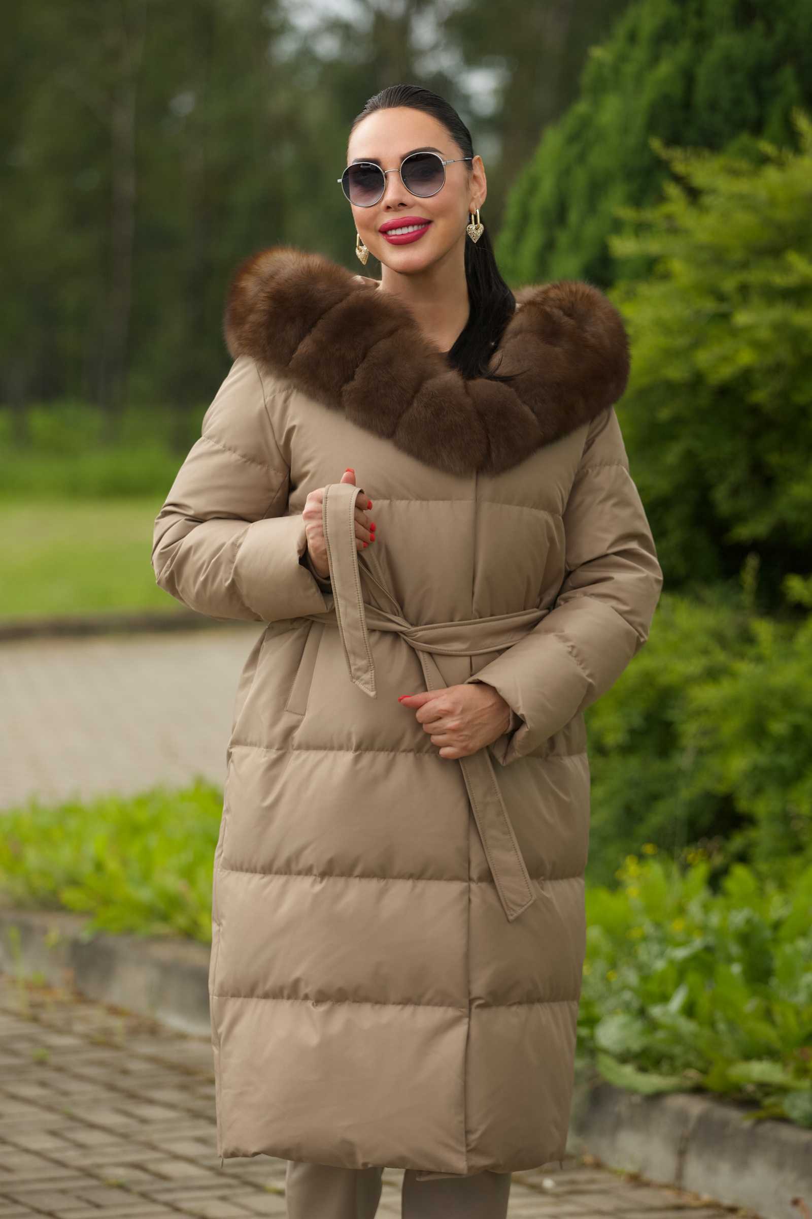 Купить длинный женский пуховик с песцом ADELINA