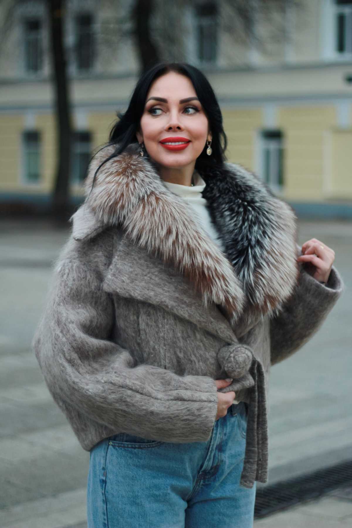 Куртка пуховая из валеной шерсти с мехом чернобурки LOLA